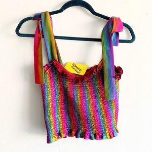 New TCEC Preppy Rainbow Holographic Striped Bow Top Square Neck Boutique Large